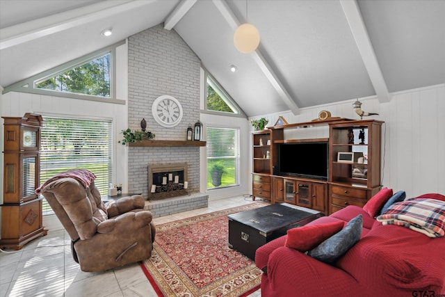 living area featuring a wealth of natural light, a brick fireplace, and vaulted ceiling with beams