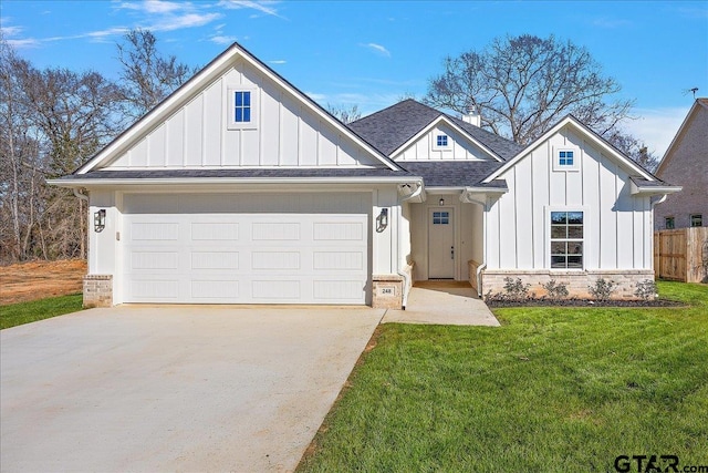 modern farmhouse style home with driveway, a front lawn, board and batten siding, and roof with shingles