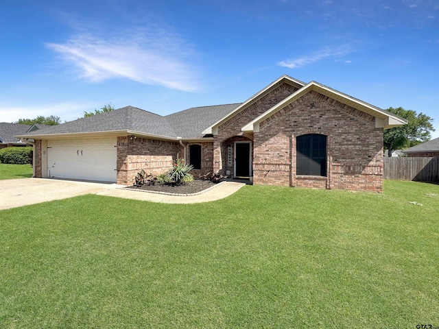ranch-style house with brick siding, a front yard, a garage, and fence