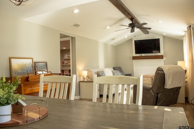 living area featuring visible vents, a ceiling fan, lofted ceiling with beams, wood finished floors, and recessed lighting