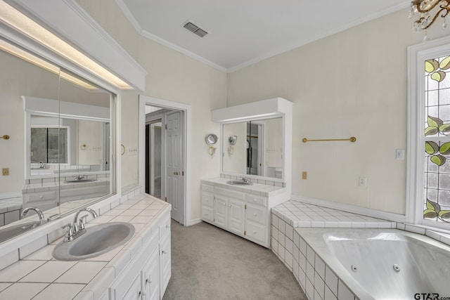 full bathroom featuring two vanities, a sink, visible vents, a tub with jets, and crown molding