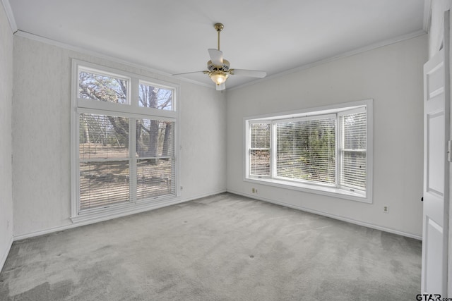 carpeted spare room featuring ceiling fan, baseboards, and crown molding