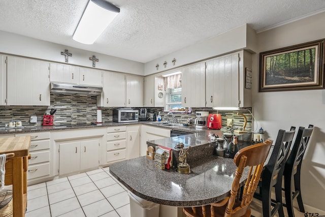 kitchen with tasteful backsplash, dark countertops, under cabinet range hood, a peninsula, and a sink