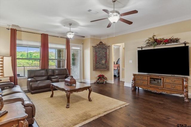 3351 Cascades Ct, Tyler, TX 75709 - living area with wood finished floors, ceiling fan, baseboards, ornamental molding, and visible vents
