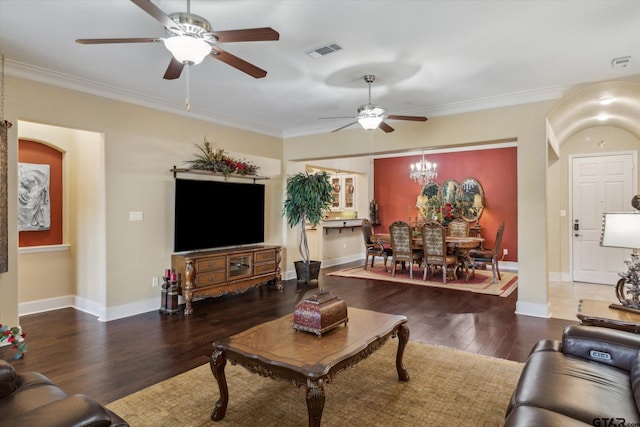 3351 Cascades Ct, Tyler, TX 75709 - living room with wood finished floors, visible vents, crown molding, baseboards, and ceiling fan with notable chandelier