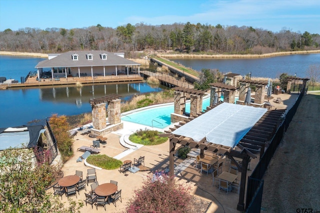 3351 Cascades Ct, Tyler, TX 75709 - exterior space featuring a pergola, a water view, and a view of trees