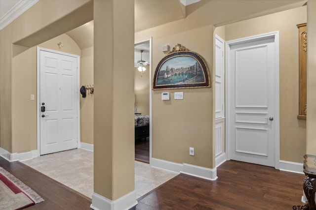 3351 Cascades Ct, Tyler, TX 75709 - foyer with ceiling fan, baseboards, and wood finished floors