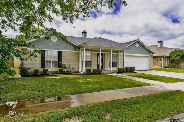 1881 Woodbridge Dr, Sulphur Springs, TX 75482 - single story home featuring a garage, concrete driveway, brick siding, a chimney, and roof with shingles