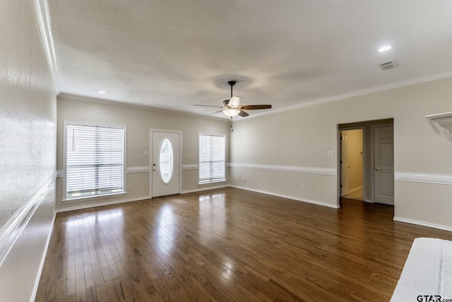 1881 Woodbridge Dr, Sulphur Springs, TX 75482 - unfurnished living room with a ceiling fan, ornamental molding, wood finished floors, and baseboards