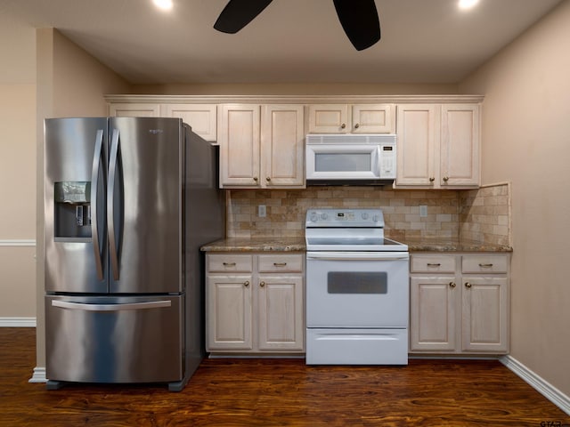 1521 Rice Rd Unit U102, Tyler, TX 75703 - kitchen with white appliances, tasteful backsplash, dark wood-type flooring, and recessed lighting