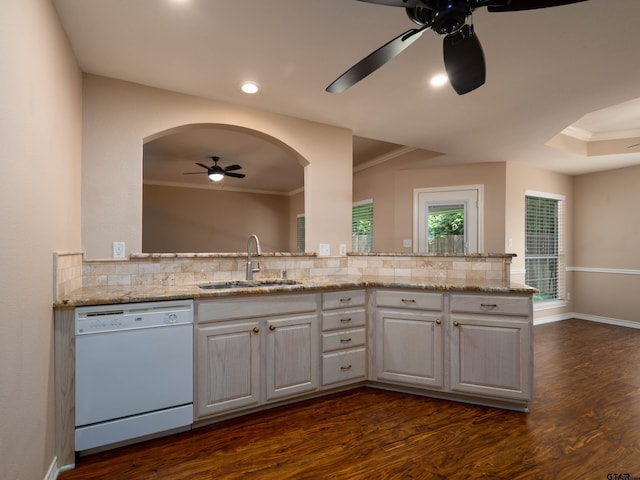 1521 Rice Rd Unit U102, Tyler, TX 75703 - kitchen featuring white dishwasher, ceiling fan, ornamental molding, dark wood finished floors, and backsplash