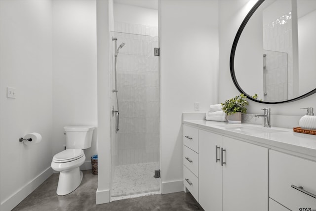 bathroom with vanity, toilet, concrete flooring, and a shower with door