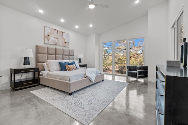 bedroom with concrete floors, access to outside, high vaulted ceiling, and ceiling fan