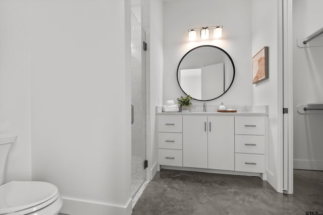 bathroom with concrete flooring, vanity, toilet, and an enclosed shower