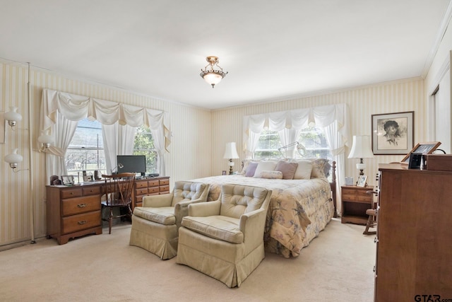 carpeted bedroom with crown molding