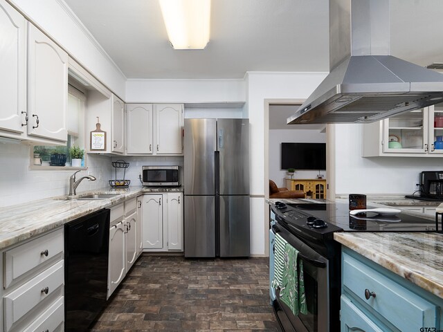 4922 Leaning Oaks Dr, Flint, TX 75762 - kitchen featuring black appliances, island exhaust hood, brick flooring, a sink, and decorative backsplash