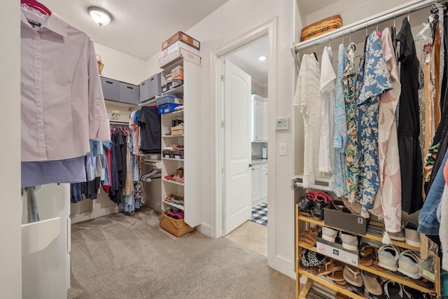 spacious closet featuring light carpet