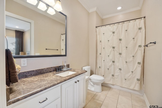 full bathroom featuring recessed lighting, toilet, ornamental molding, vanity, and tile patterned floors