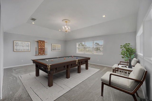 rec room with billiards, a notable chandelier, light carpet, and a raised ceiling