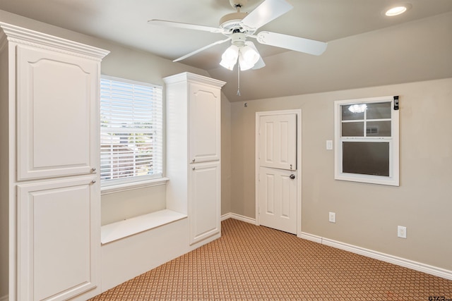 unfurnished room featuring recessed lighting, a ceiling fan, baseboards, and light carpet