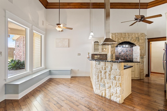 kitchen featuring ceiling fan, a peninsula, hardwood / wood-style floors, and baseboards