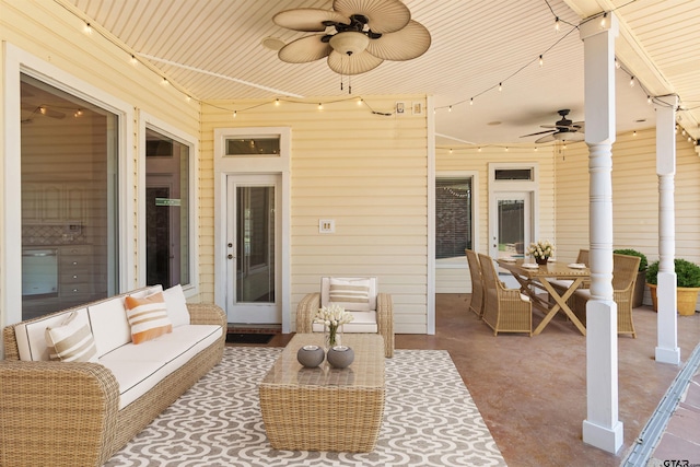 view of patio / terrace featuring ceiling fan, outdoor lounge area, and outdoor dining space