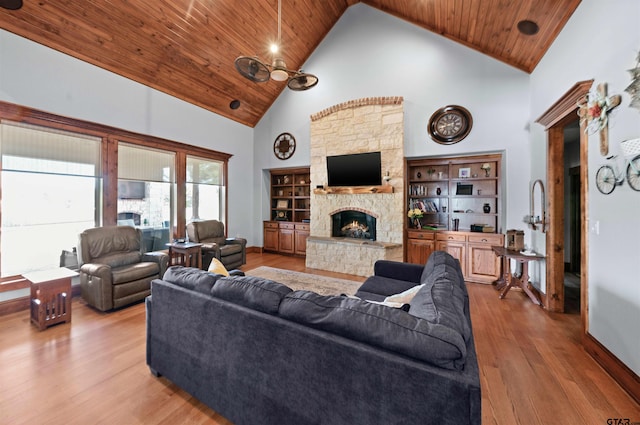 living room with high vaulted ceiling, hardwood / wood-style floors, wooden ceiling, and a fireplace