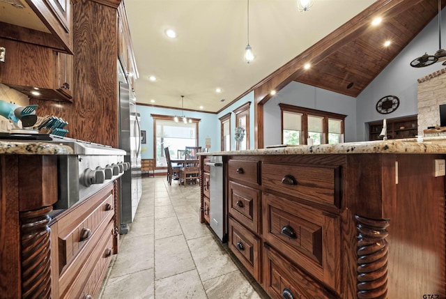 kitchen with crown molding, decorative light fixtures, light stone countertops, lofted ceiling, and wooden ceiling