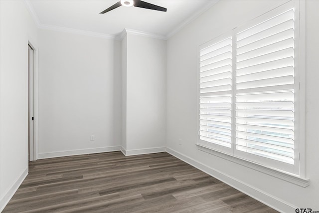 unfurnished room with ceiling fan, dark hardwood / wood-style floors, and ornamental molding