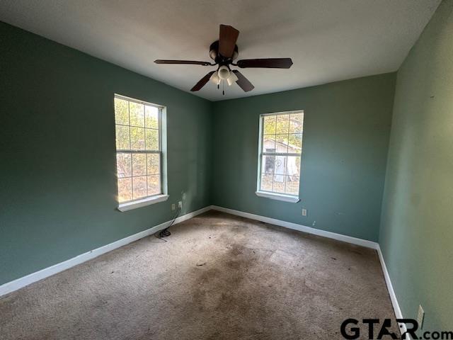 empty room featuring carpet flooring, ceiling fan, and a wealth of natural light