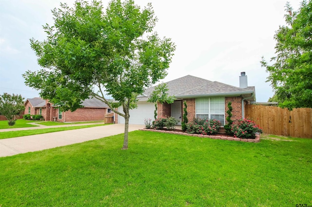 105 Ash Dr, Bullard, TX 75757 - ranch-style house with driveway, brick siding, a chimney, an attached garage, and a shingled roof