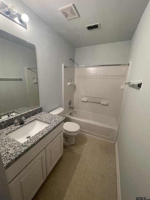 full bathroom featuring visible vents, tub / shower combination, toilet, and vanity