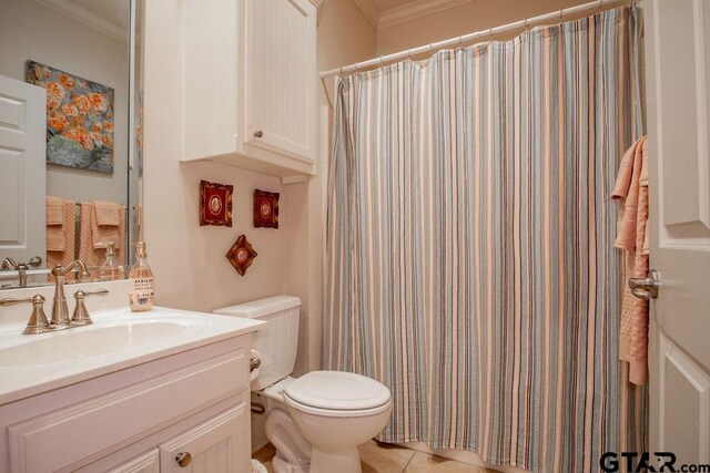 bathroom with walk in shower, tile patterned flooring, crown molding, toilet, and vanity