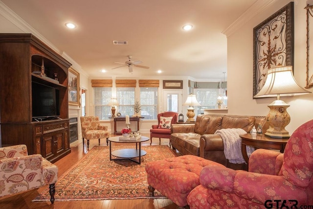 living room with ceiling fan, light wood-type flooring, and crown molding