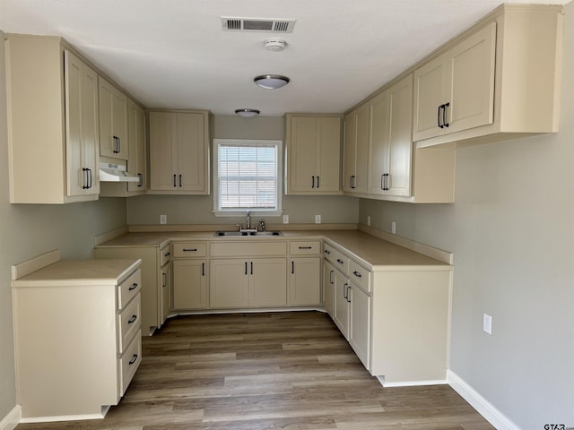 kitchen with sink, cream cabinets, and light hardwood / wood-style floors