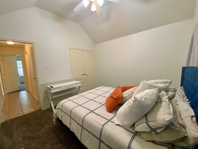403 Aspen Bend St, Crockett, TX 75835 - tiled bedroom featuring vaulted ceiling, ceiling fan, and carpet