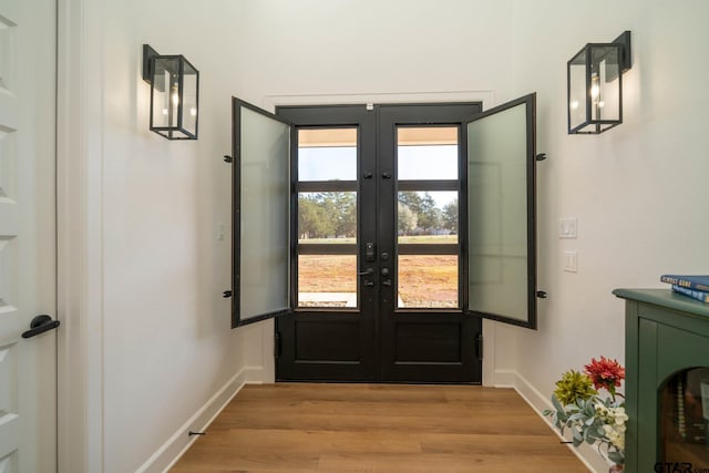 entryway featuring french doors and light hardwood / wood-style flooring