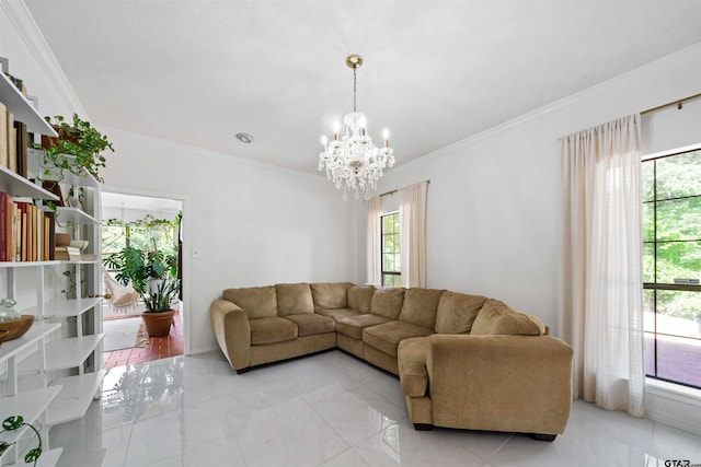 living room with a chandelier, crown molding, and light tile patterned flooring