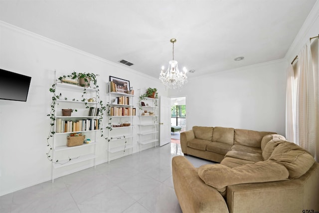 living room featuring a notable chandelier and ornamental molding