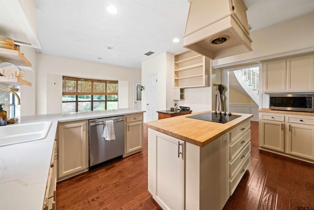 kitchen with sink, a center island, wood counters, premium range hood, and appliances with stainless steel finishes