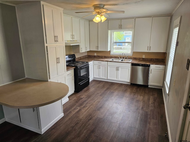 kitchen featuring white cabinetry, sink, dark hardwood / wood-style floors, stainless steel dishwasher, and black electric range oven