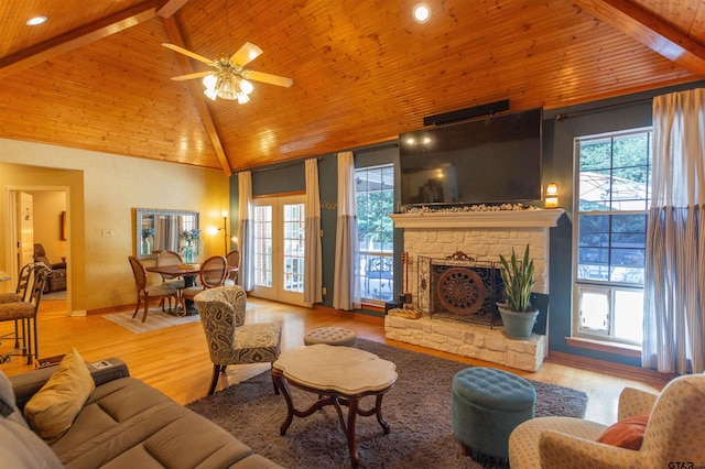 8416 Crooked Trl, Tyler, TX 75703 - living room featuring high vaulted ceiling, ceiling fan, a wooden ceiling with exposed beams, wood finished floors, and a fireplace