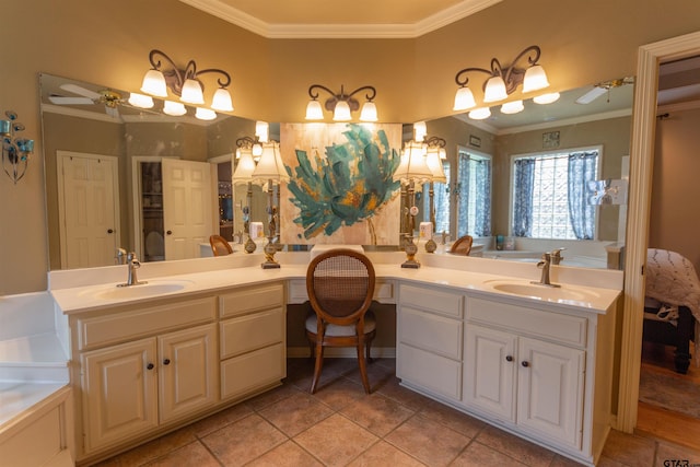 8416 Crooked Trl, Tyler, TX 75703 - bathroom featuring double vanity, ornamental molding, a bath, and ceiling fan