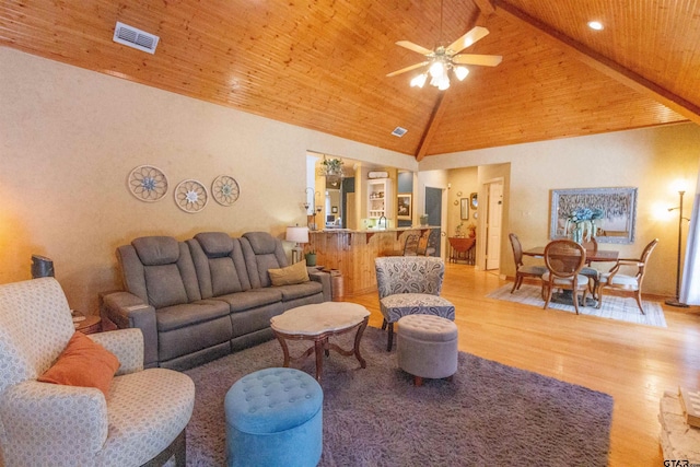8416 Crooked Trl, Tyler, TX 75703 - living room featuring wood finished floors, a ceiling fan, high vaulted ceiling, a wooden ceiling with exposed beams, and recessed lighting