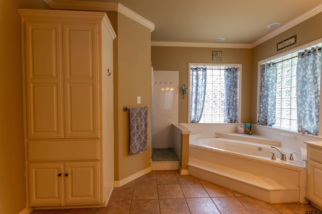 8416 Crooked Trl, Tyler, TX 75703 - bathroom with a bath, tile patterned flooring, crown molding, and a shower