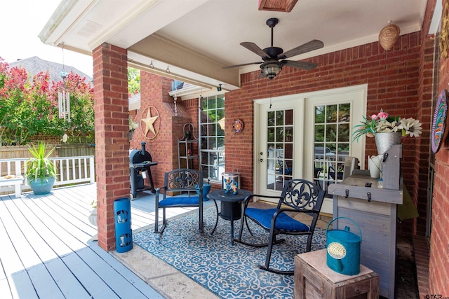 8416 Crooked Trl, Tyler, TX 75703 - wooden terrace with a ceiling fan, a grill, and a mountain view
