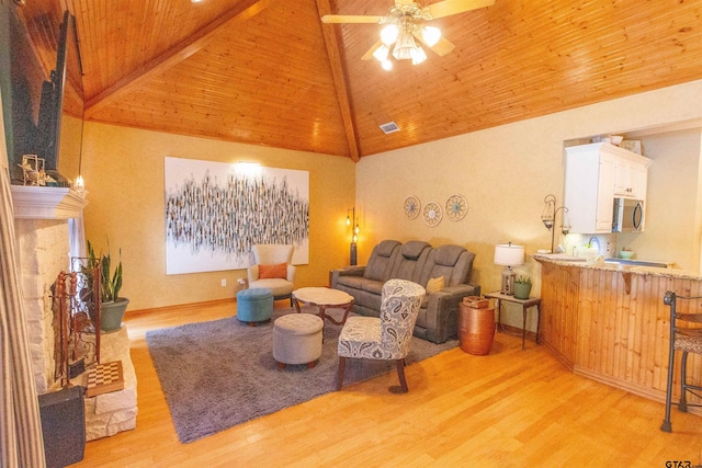 8416 Crooked Trl, Tyler, TX 75703 - living room featuring wood ceiling, light wood finished floors, ceiling fan, and high vaulted ceiling