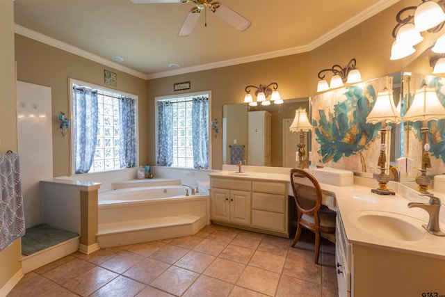 8416 Crooked Trl, Tyler, TX 75703 - full bath featuring double vanity, a garden tub, ceiling fan, crown molding, and tile patterned floors