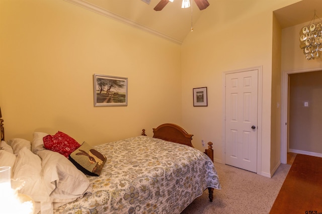 8416 Crooked Trl, Tyler, TX 75703 - bedroom featuring lofted ceiling, light colored carpet, ornamental molding, and ceiling fan