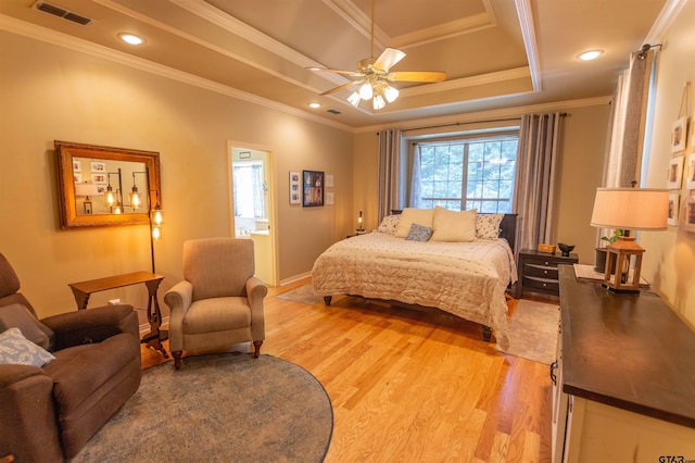 8416 Crooked Trl, Tyler, TX 75703 - bedroom featuring light wood-type flooring, ornamental molding, recessed lighting, and ceiling fan